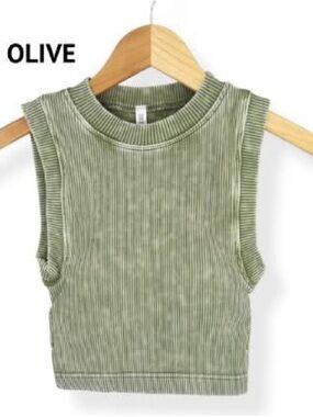 Olive Ribbed Sleeveless Crop Top